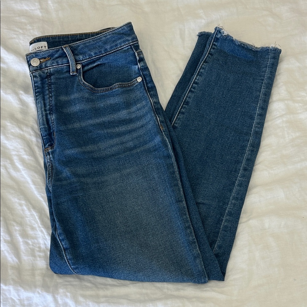 LOFT Dark Blue Curvy Skinny Jeans with Raw Hem